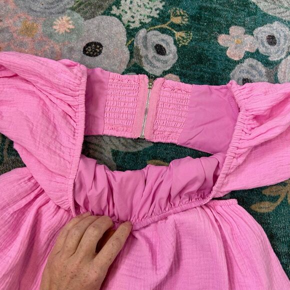 NWT Sundays Dress Gauze Cotton Small Pink Mini Open zip Back Short Puff Sleeve - Picture 13 of 16